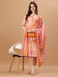Orange and pink printed rayon kurta pant and dupatta set featuring 3/4th sleeves and a round neck.