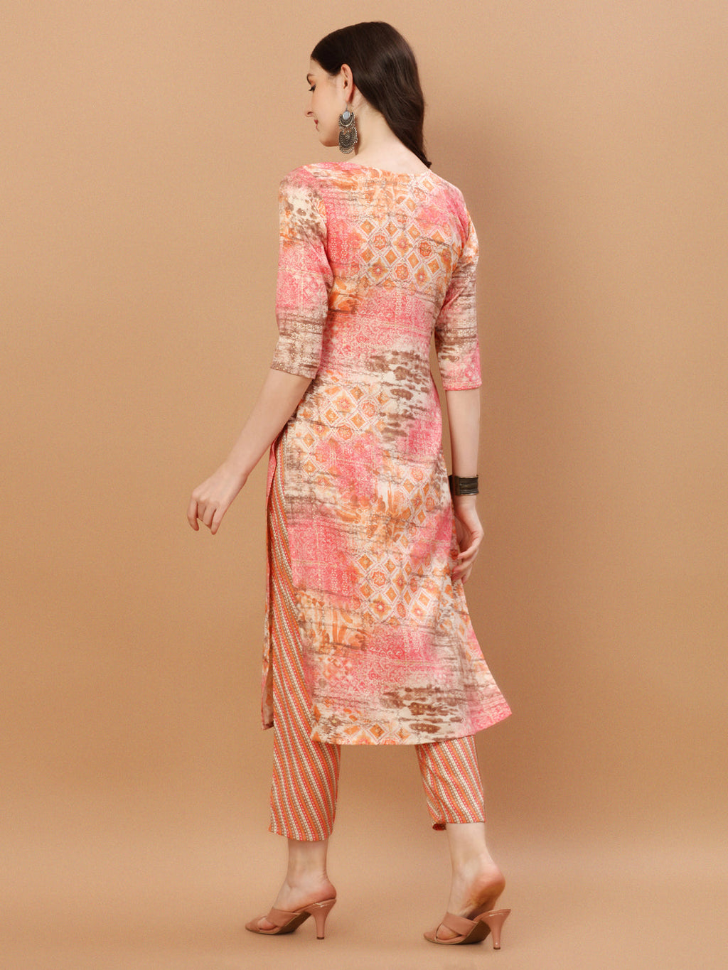 Orange & Pink Printed Rayon Kurta Pant & Dupatta Set