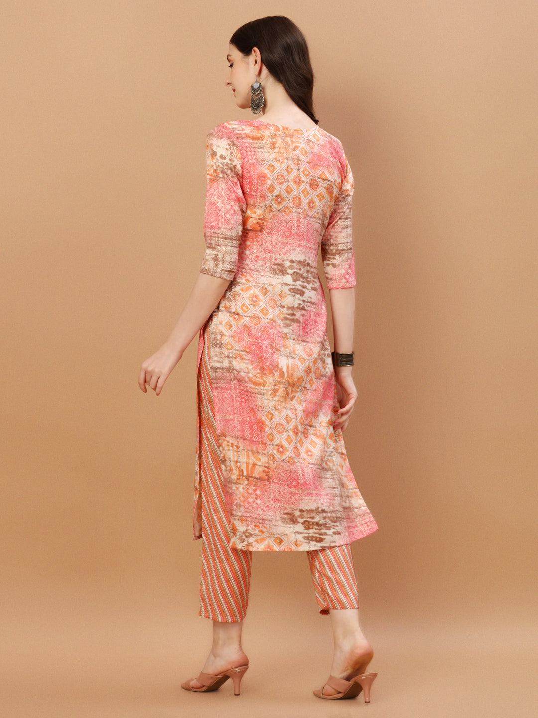 Orange & Pink Printed Rayon Kurta Pant & Dupatta Set