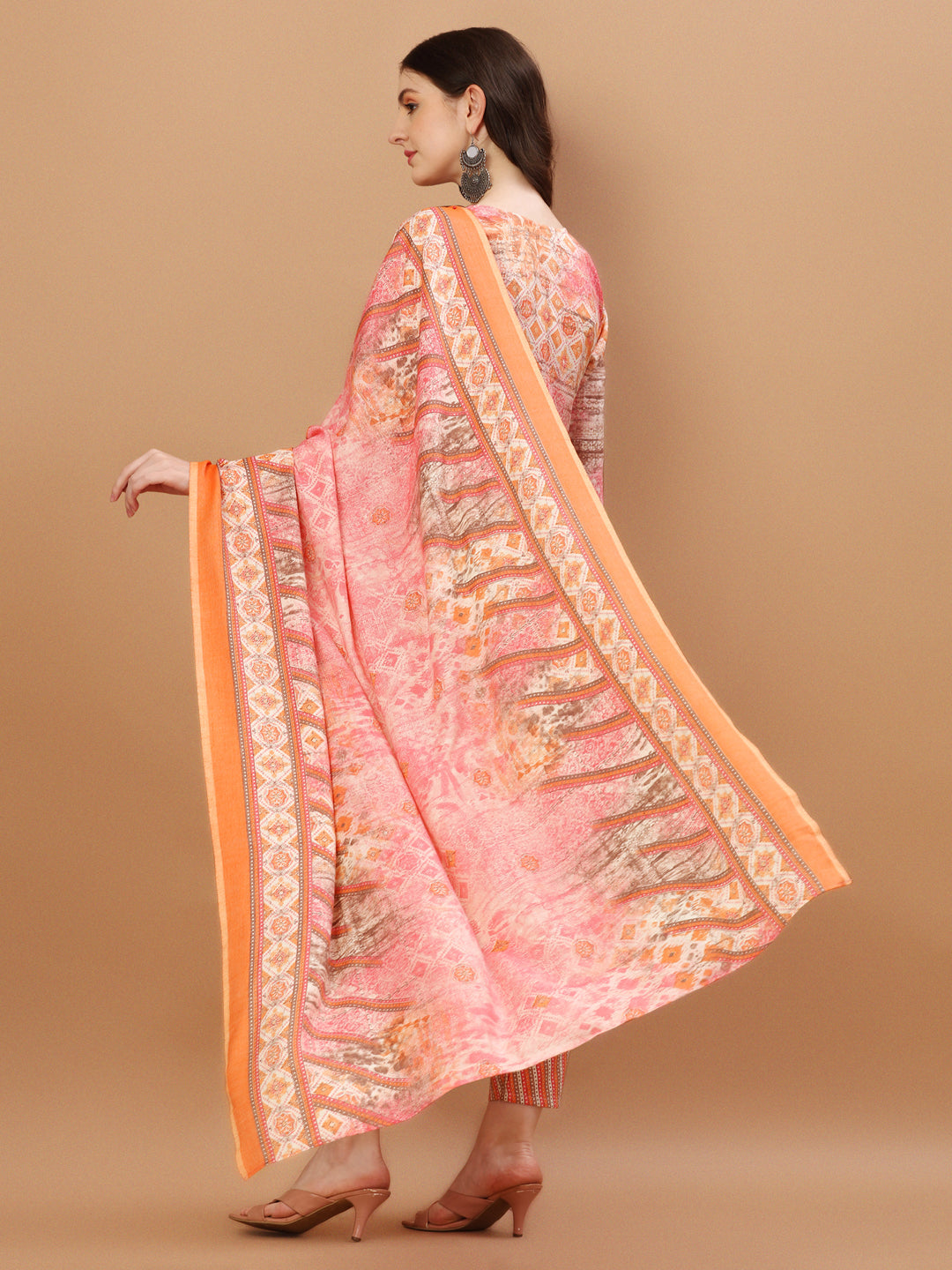 Orange & Pink Printed Rayon Kurta Pant & Dupatta Set