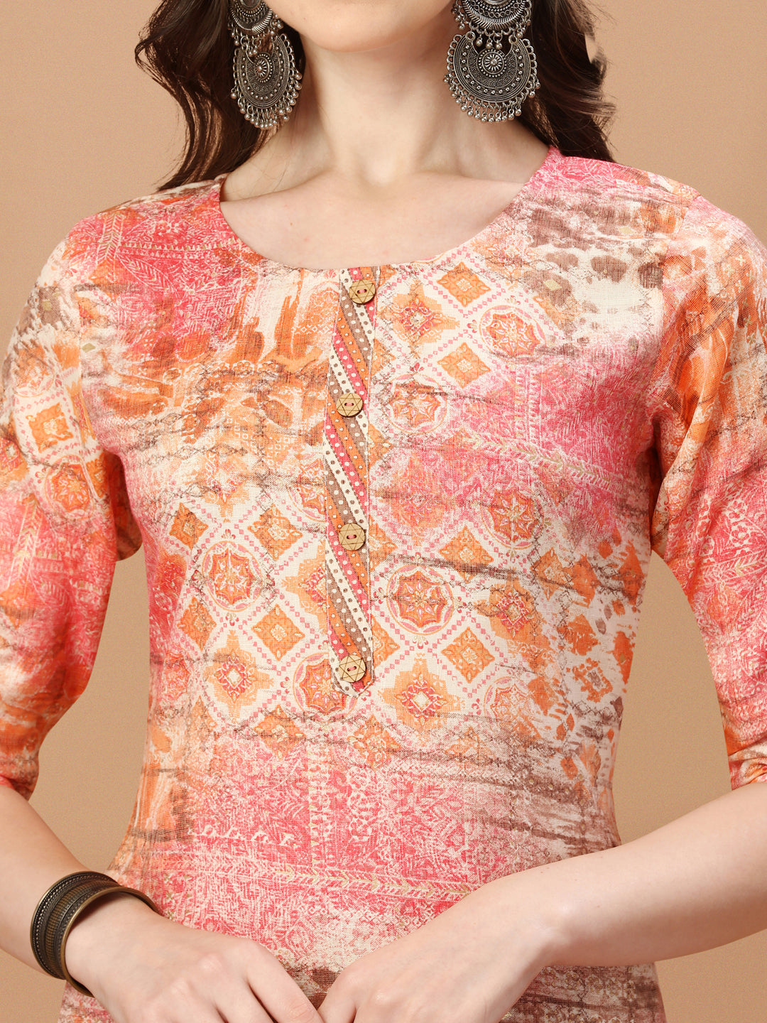 Orange & Pink Printed Rayon Kurta Pant & Dupatta Set