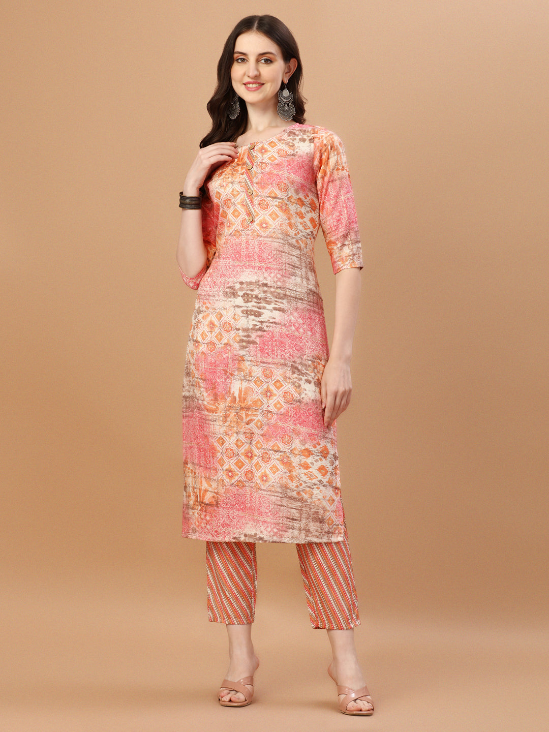 Orange & Pink Printed Rayon Kurta Pant & Dupatta Set