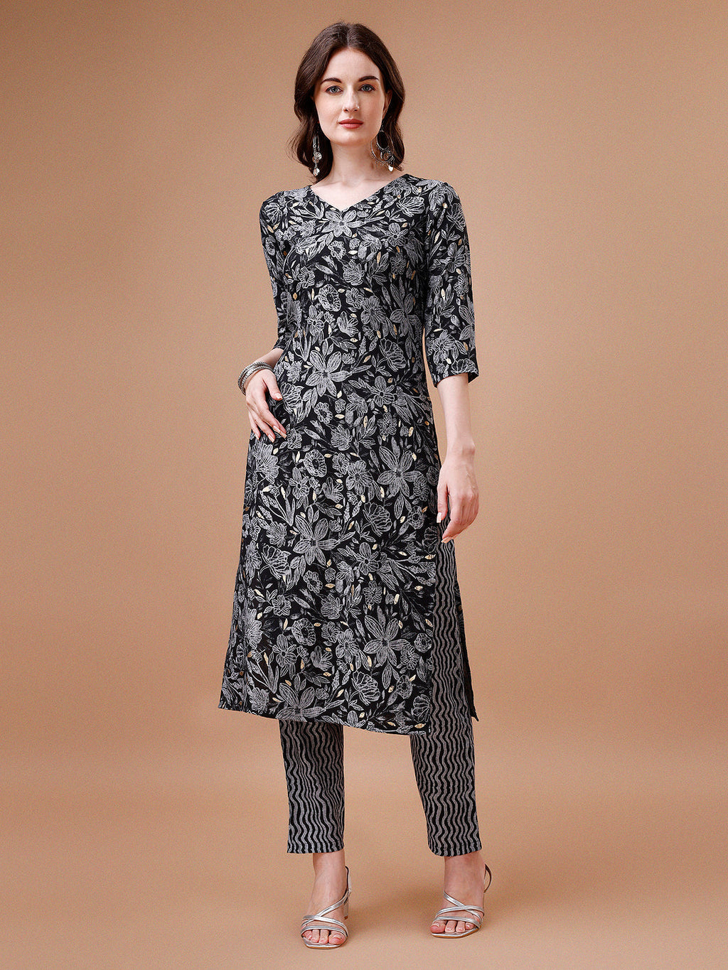 Multicolor floral printed rayon kurta with matching pants, featuring a collar neck and 3/4th sleeves.