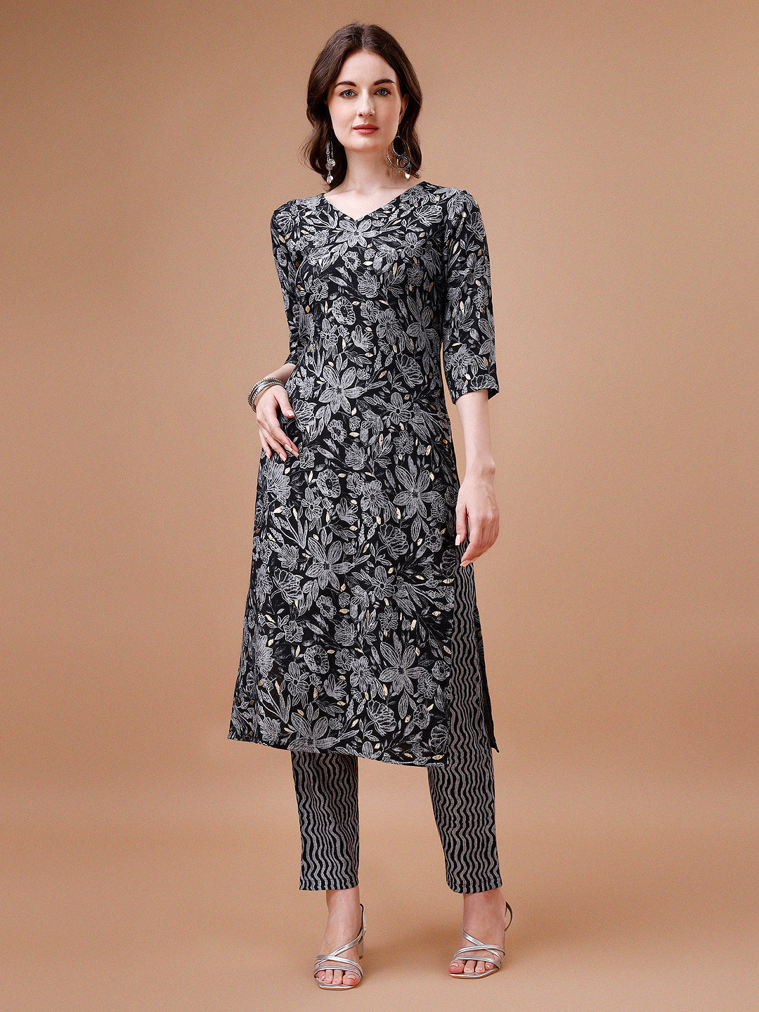 Multicolor floral printed rayon kurta with matching pants, featuring a collar neck and 3/4th sleeves.