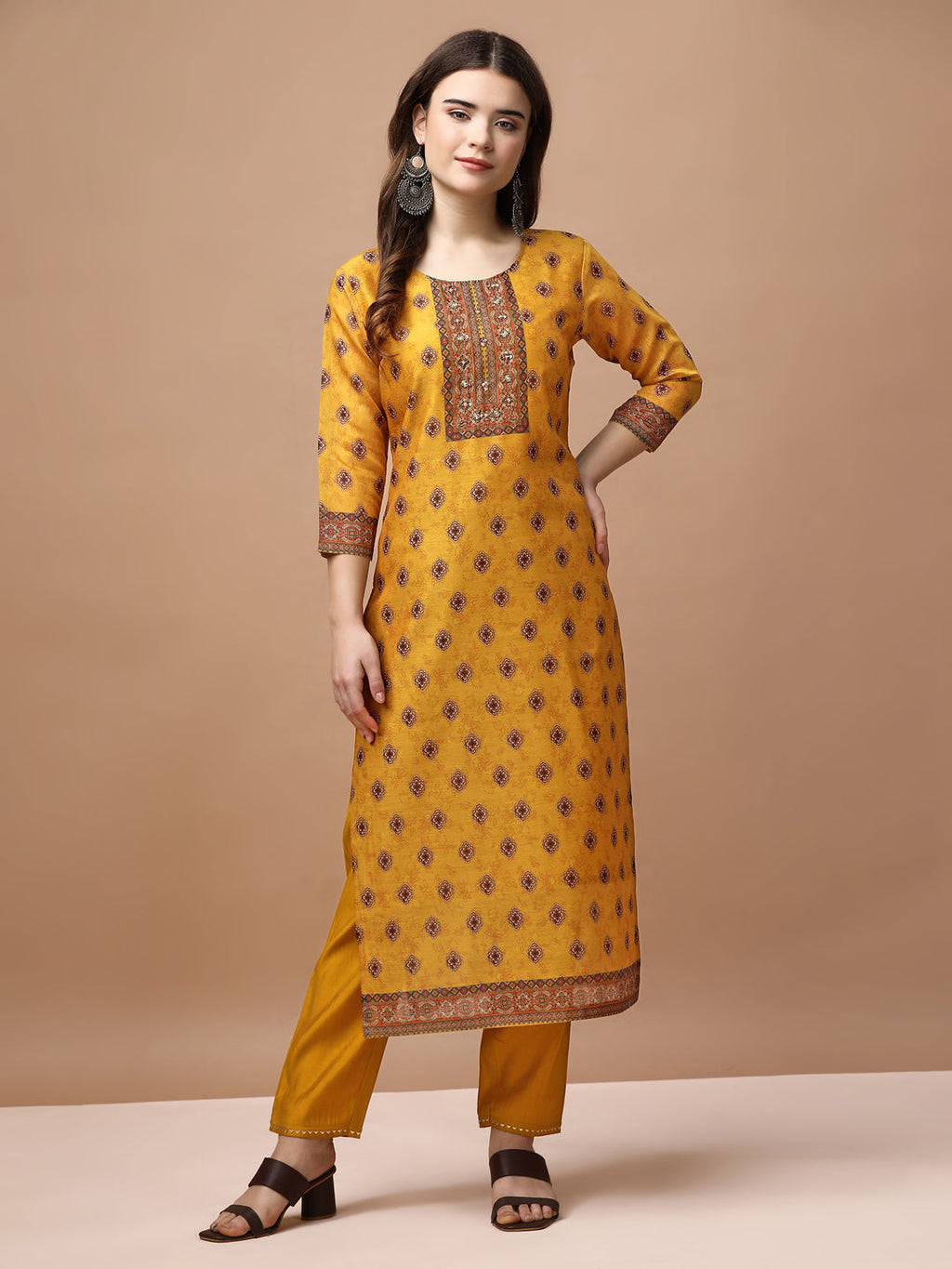 Multicolor Ethnic Motifs Printed Kurta Set with Embroidery