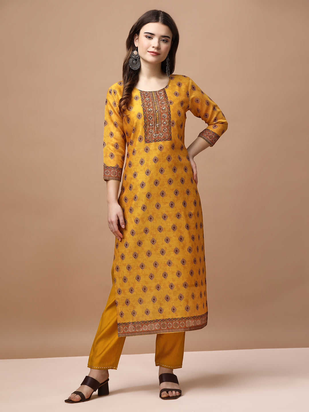 Multicolor Ethnic Motifs Printed Kurta Set with Embroidery