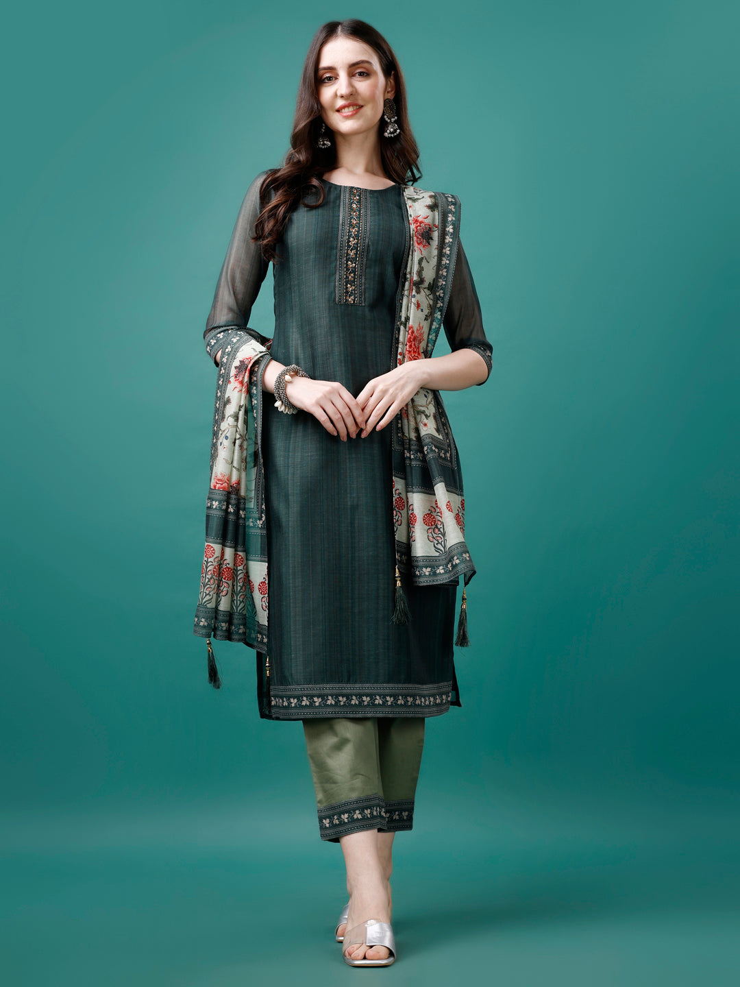 Multicolor hand embroidered kurta set featuring matching pants and dupatta in soft rayon fabric