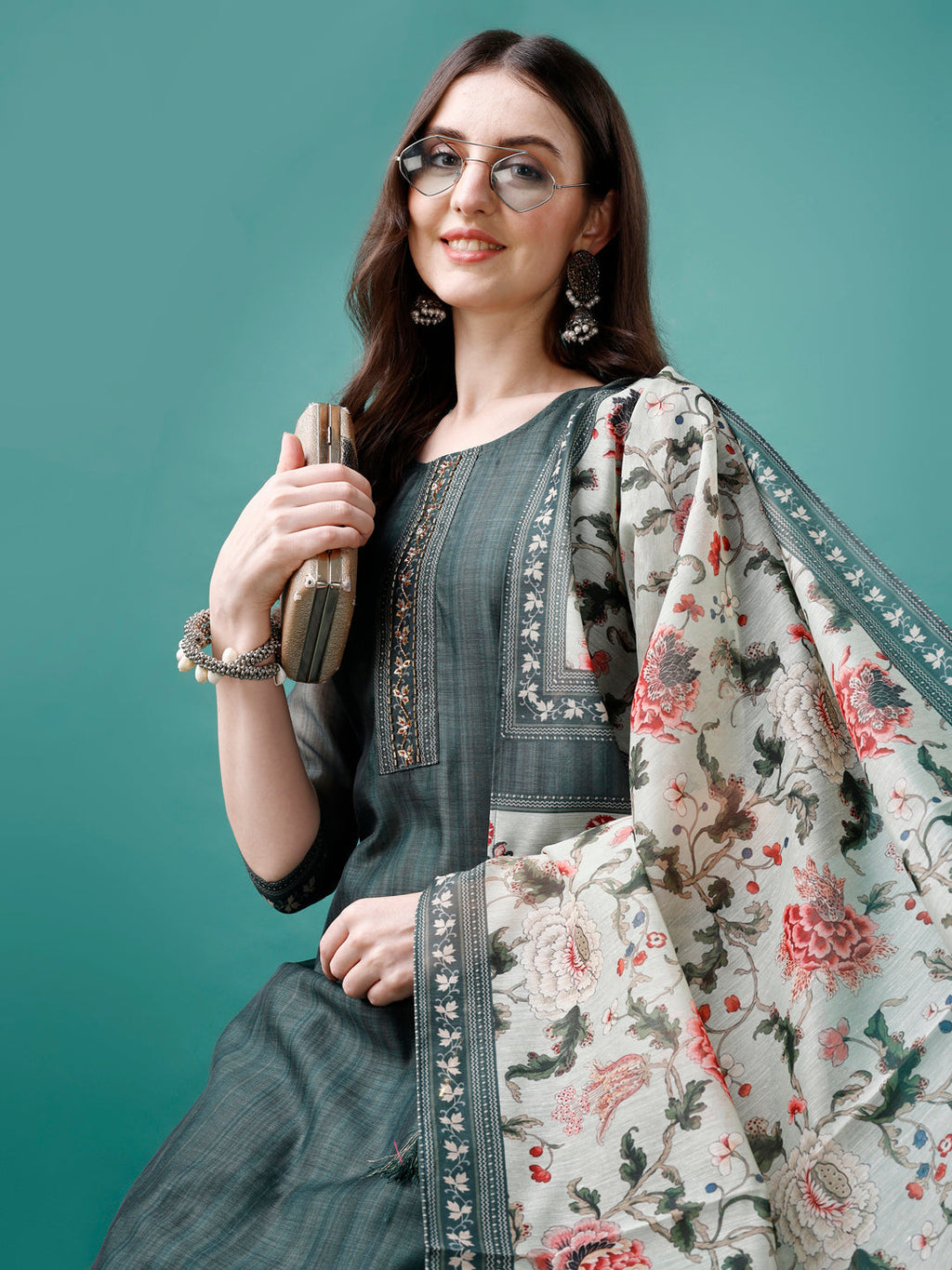 Multicolor Hand Embroidered Kurta Set with Pant and Dupatta