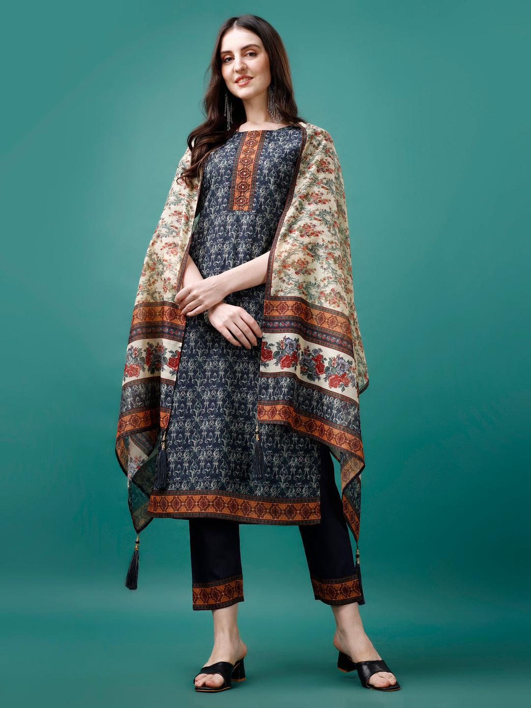 Multicolor hand embroidered kurta with 3/4 sleeves and matching pant set