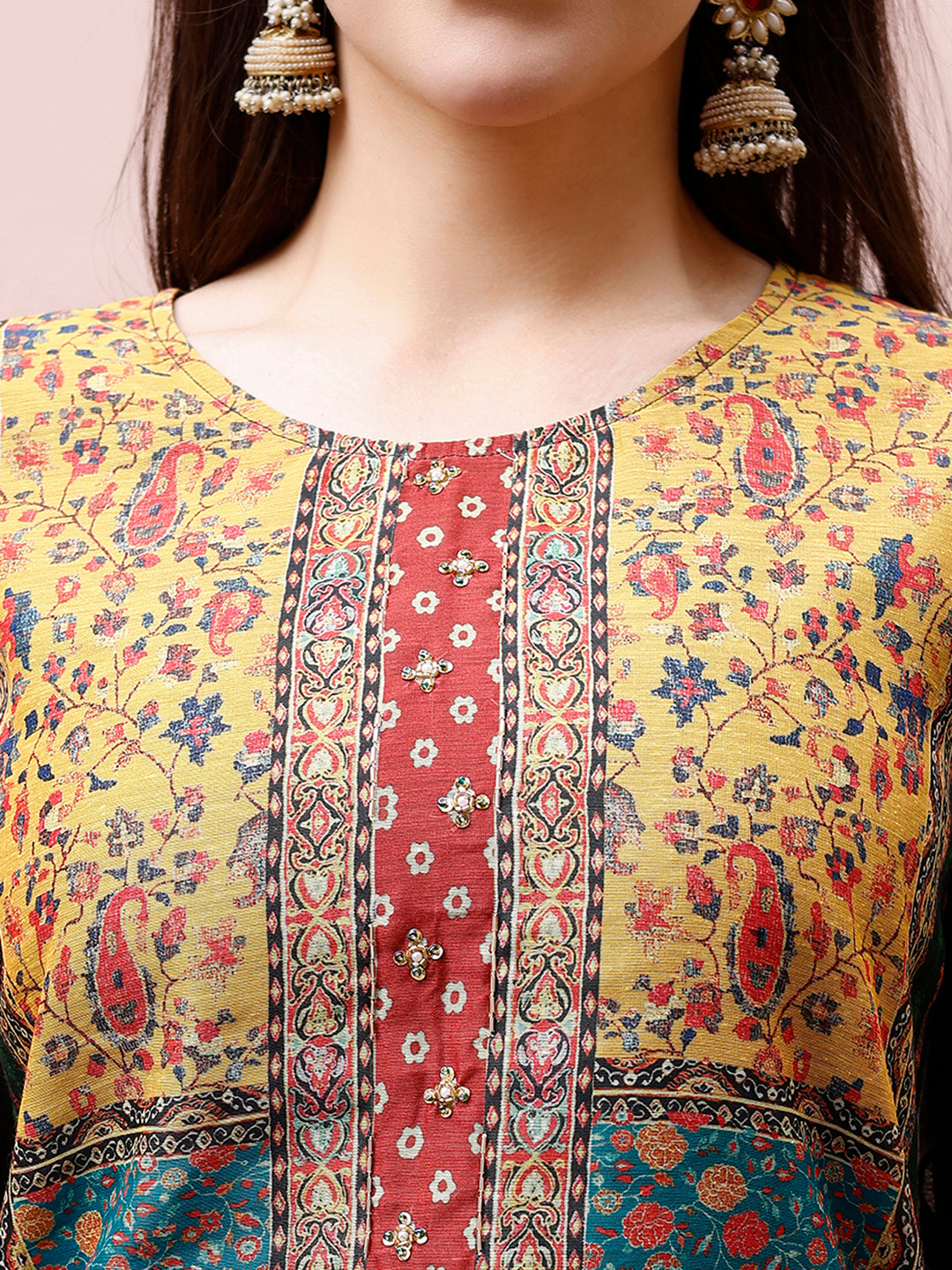 Multicolor Printed Chanderi Kurta Set with Pant and Dupatta