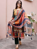 Multicolor printed Chanderi kurta set with matching pants and dupatta