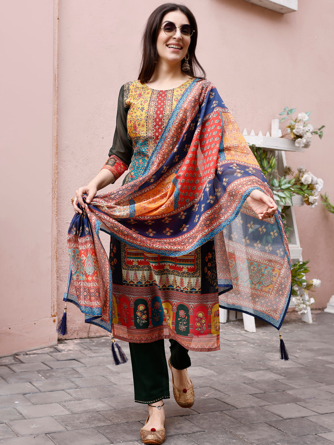 Multicolor printed Chanderi kurta set with matching pants and dupatta