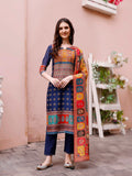 Multicolor printed Chanderi style rayon kurta with matching pants and dupatta