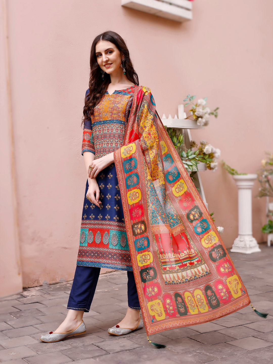 Multicolor Printed Chanderi Kurta Set with Pant and Dupatta