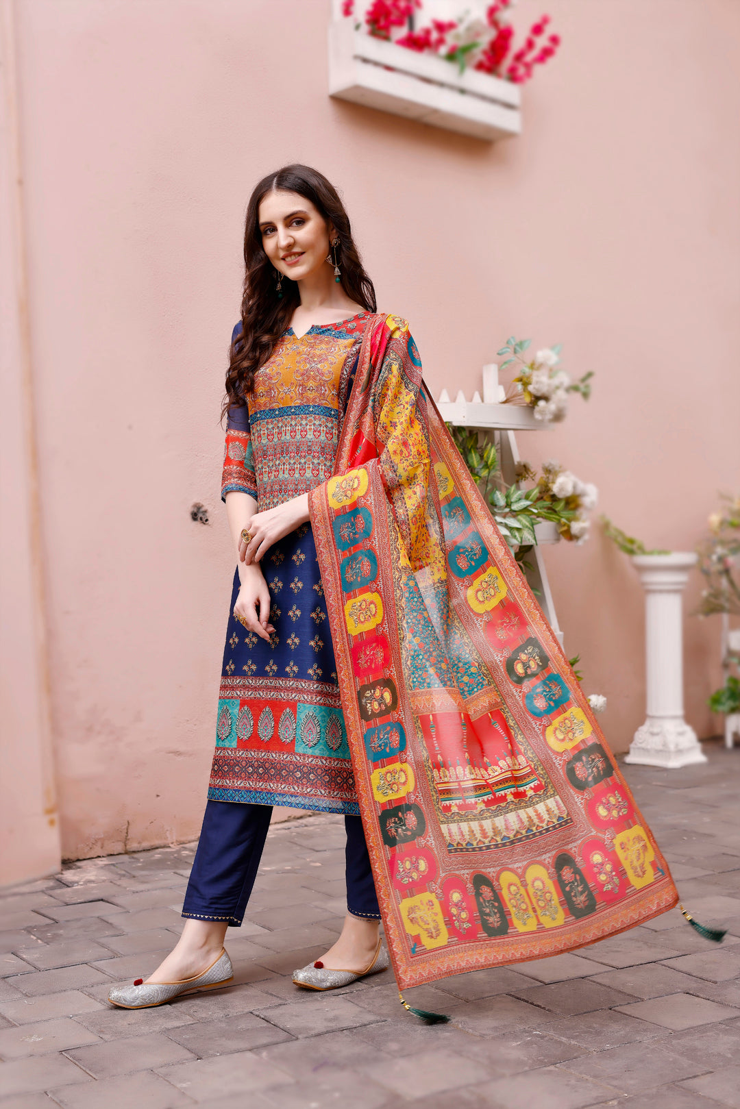 Multicolor Printed Chanderi Kurta Set with Pant and Dupatta