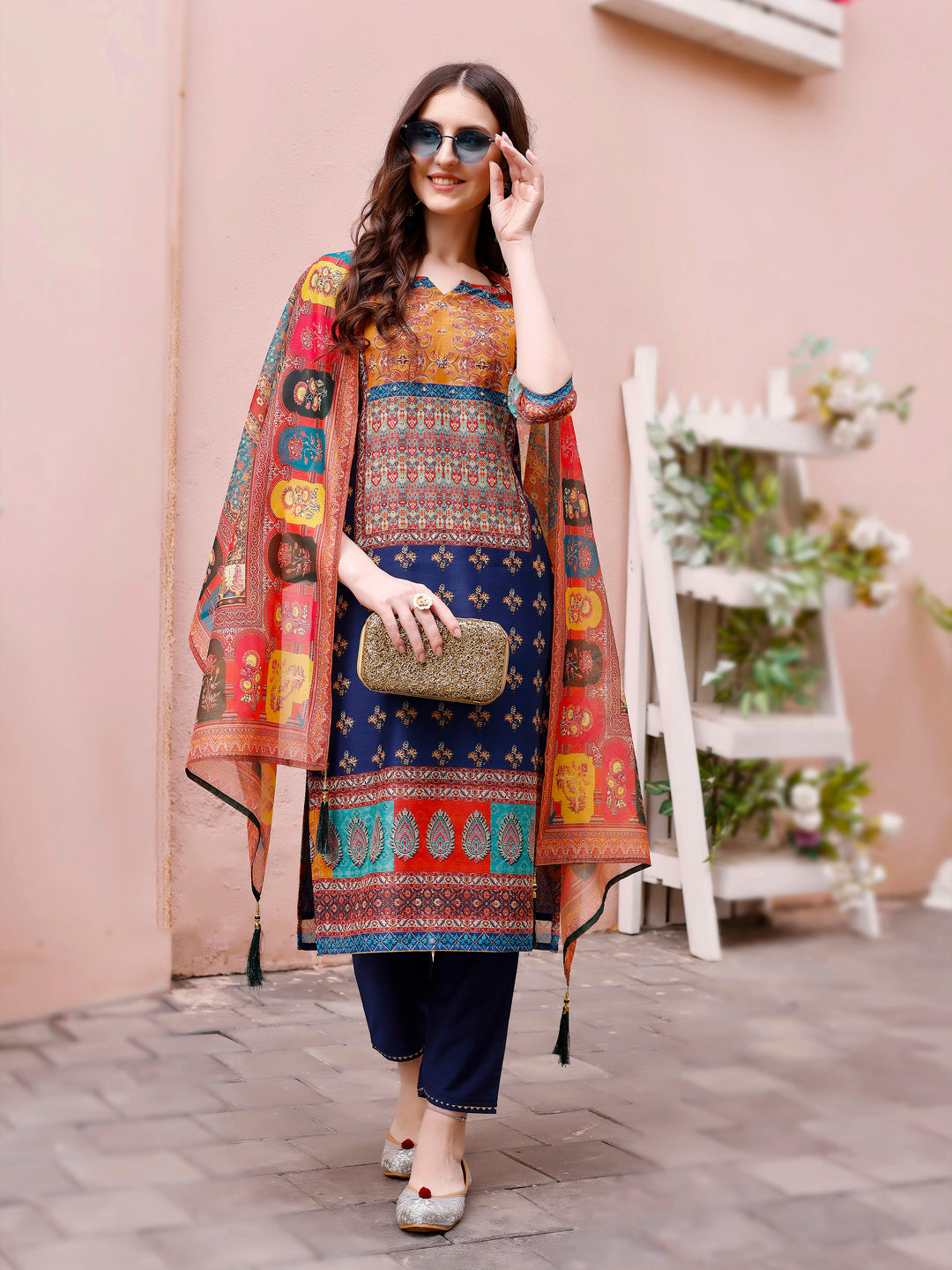 Multicolor Printed Chanderi Kurta Set with Pant and Dupatta