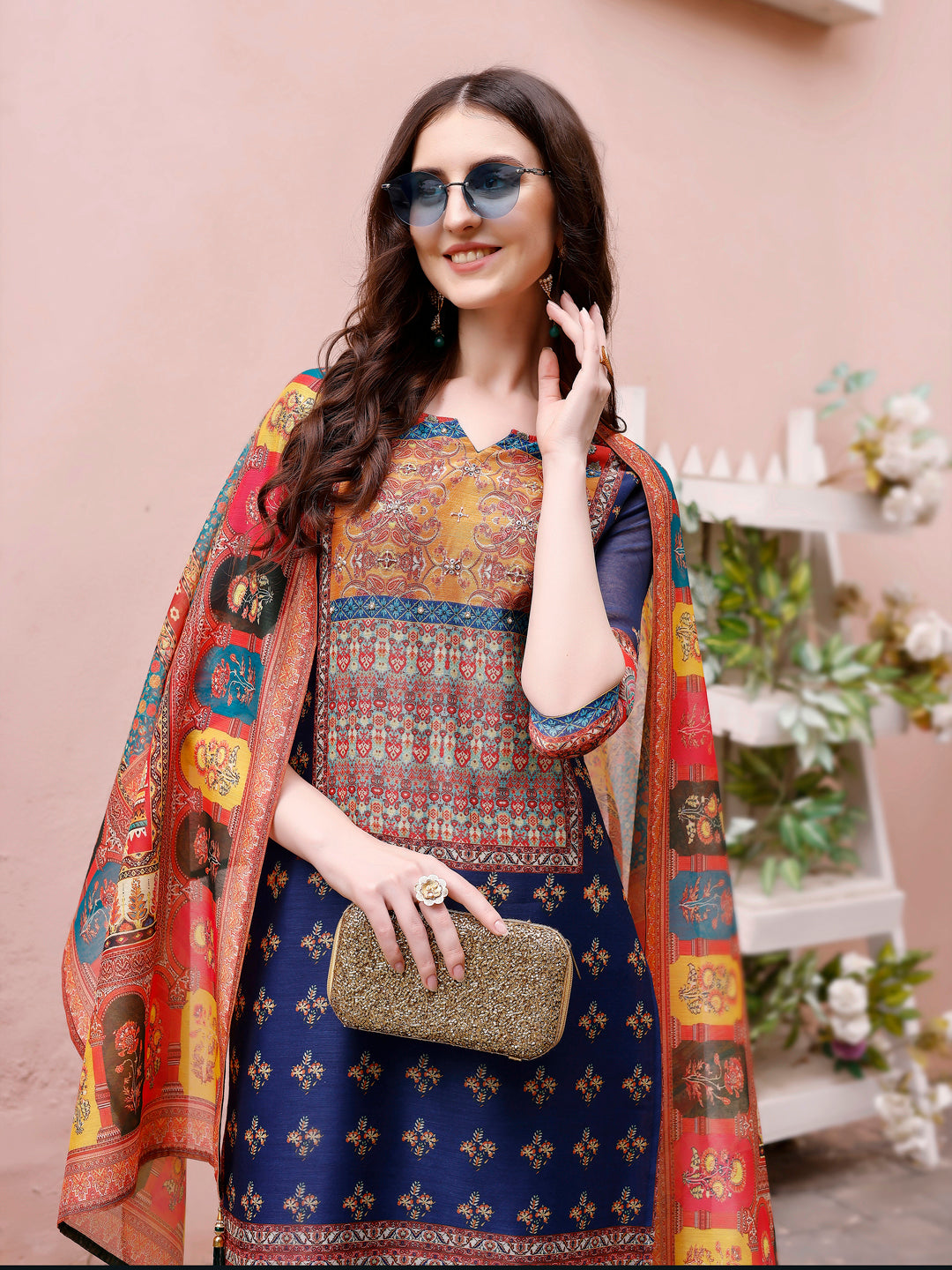 Multicolor Printed Chanderi Kurta Set with Pant and Dupatta