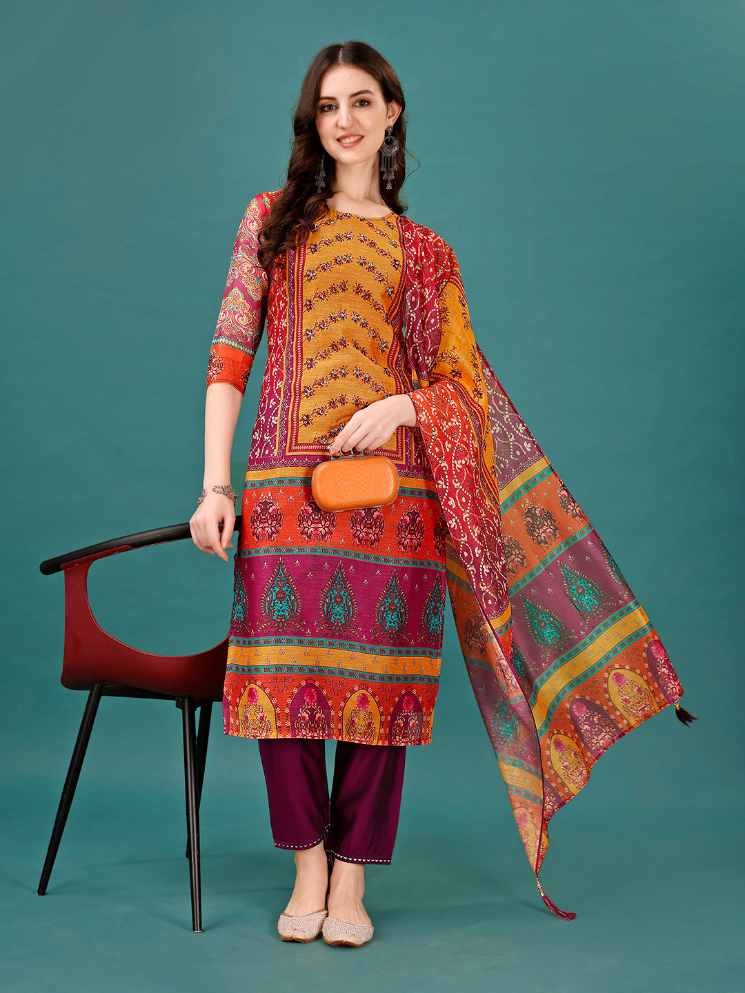 Multicolor printed and hand embroidered rayon kurta set with pant and dupatta