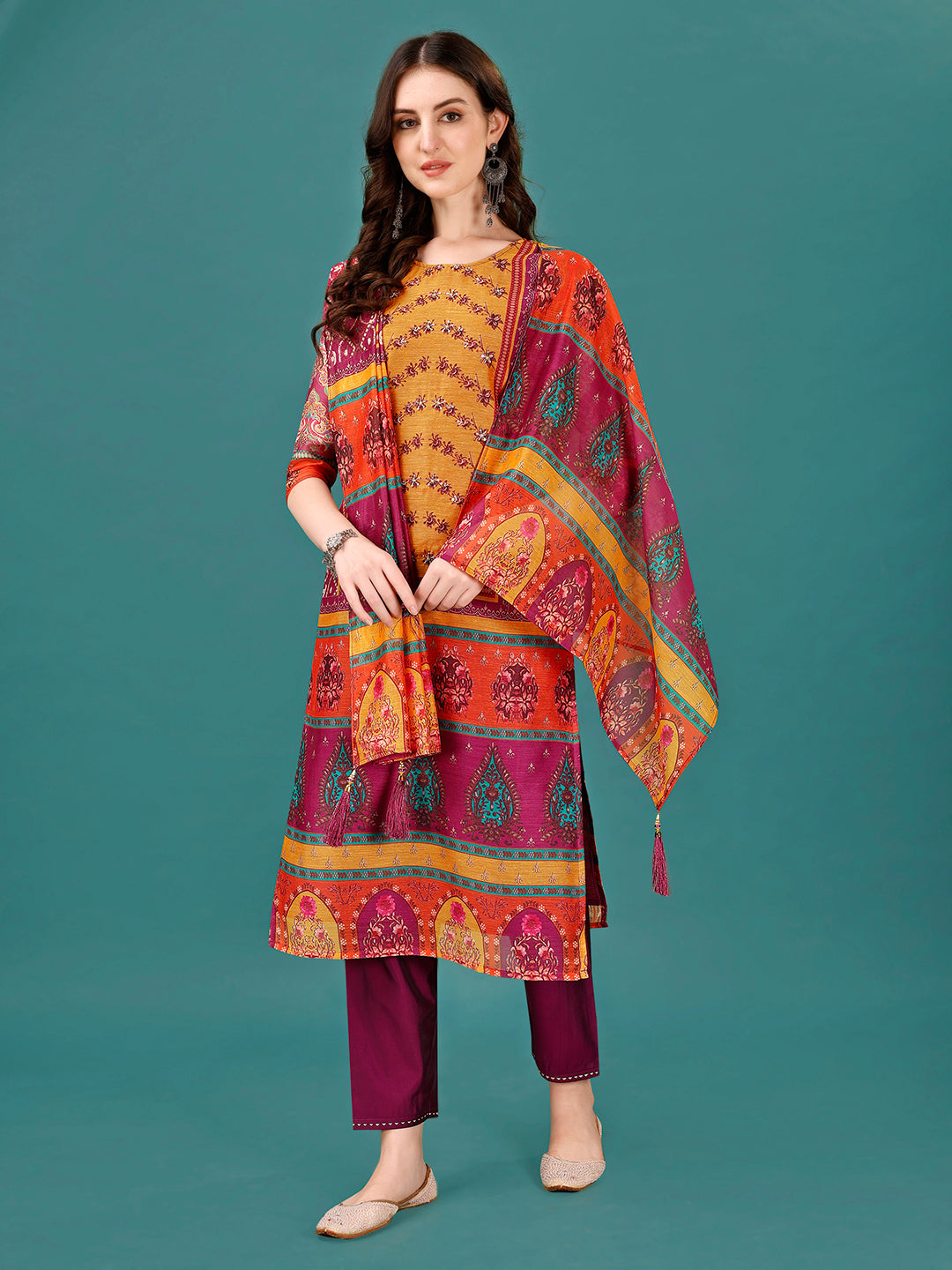 Multicolor Printed & Hand Embroidered Kurta Set with Dupatta