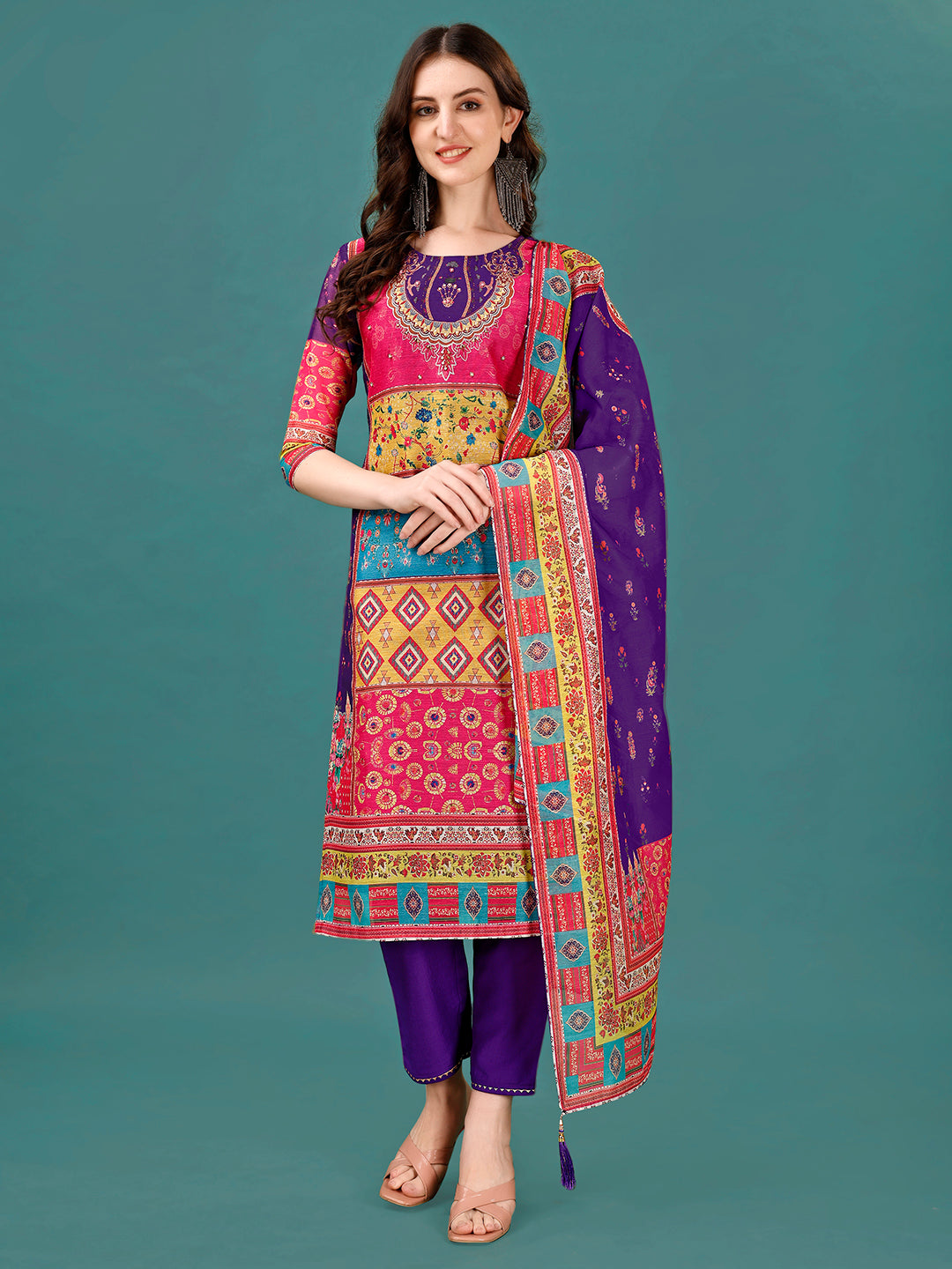 Multicolor printed kurta with detailed hand embroidery and matching pants