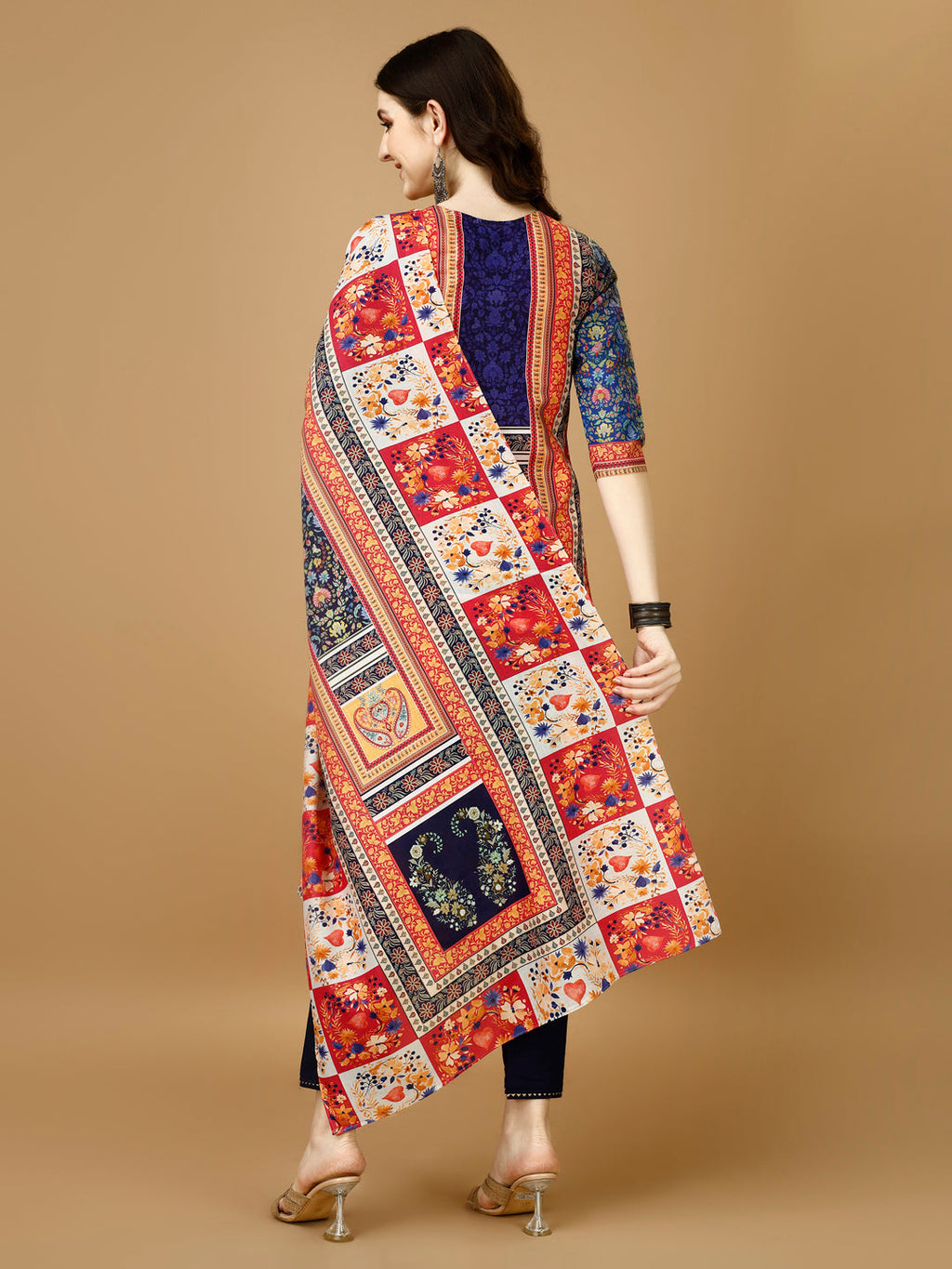 Multicolor Hand Embroidered Printed Kurta Set with Dupatta