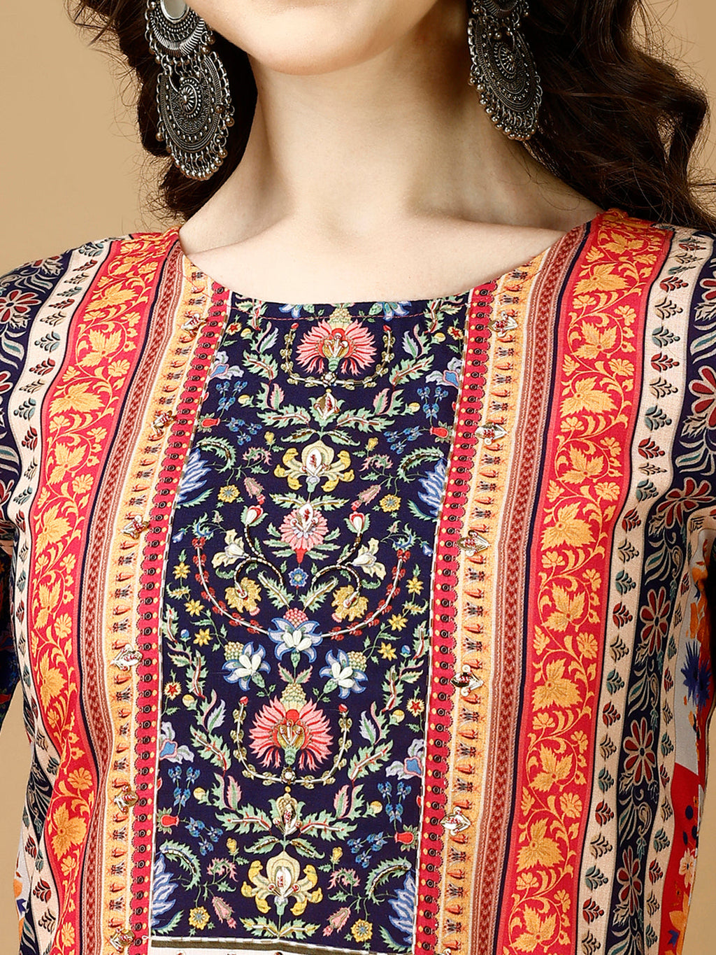 Multicolor Hand Embroidered Printed Kurta Set with Dupatta