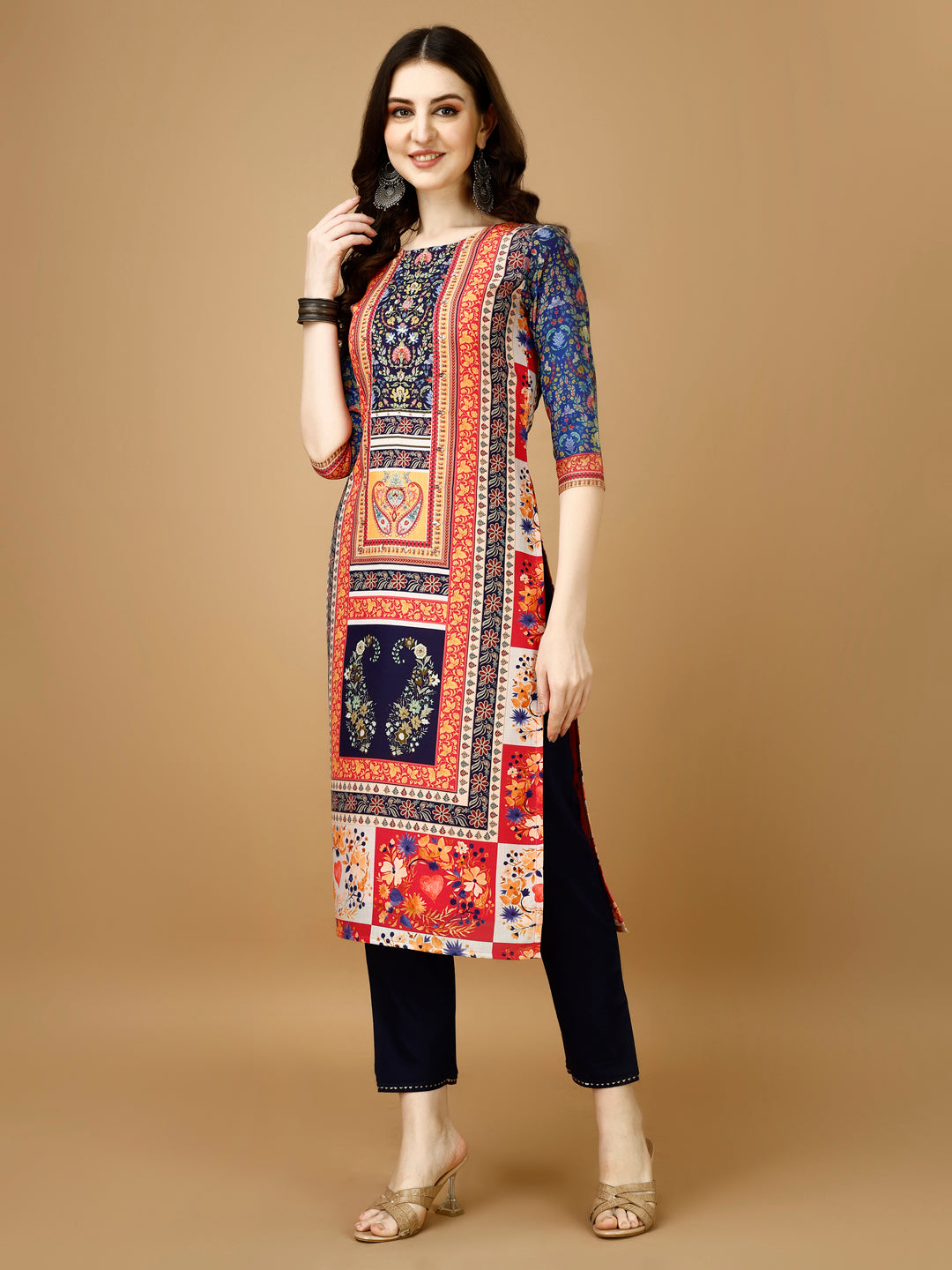 Multicolor Hand Embroidered Printed Kurta Set with Dupatta