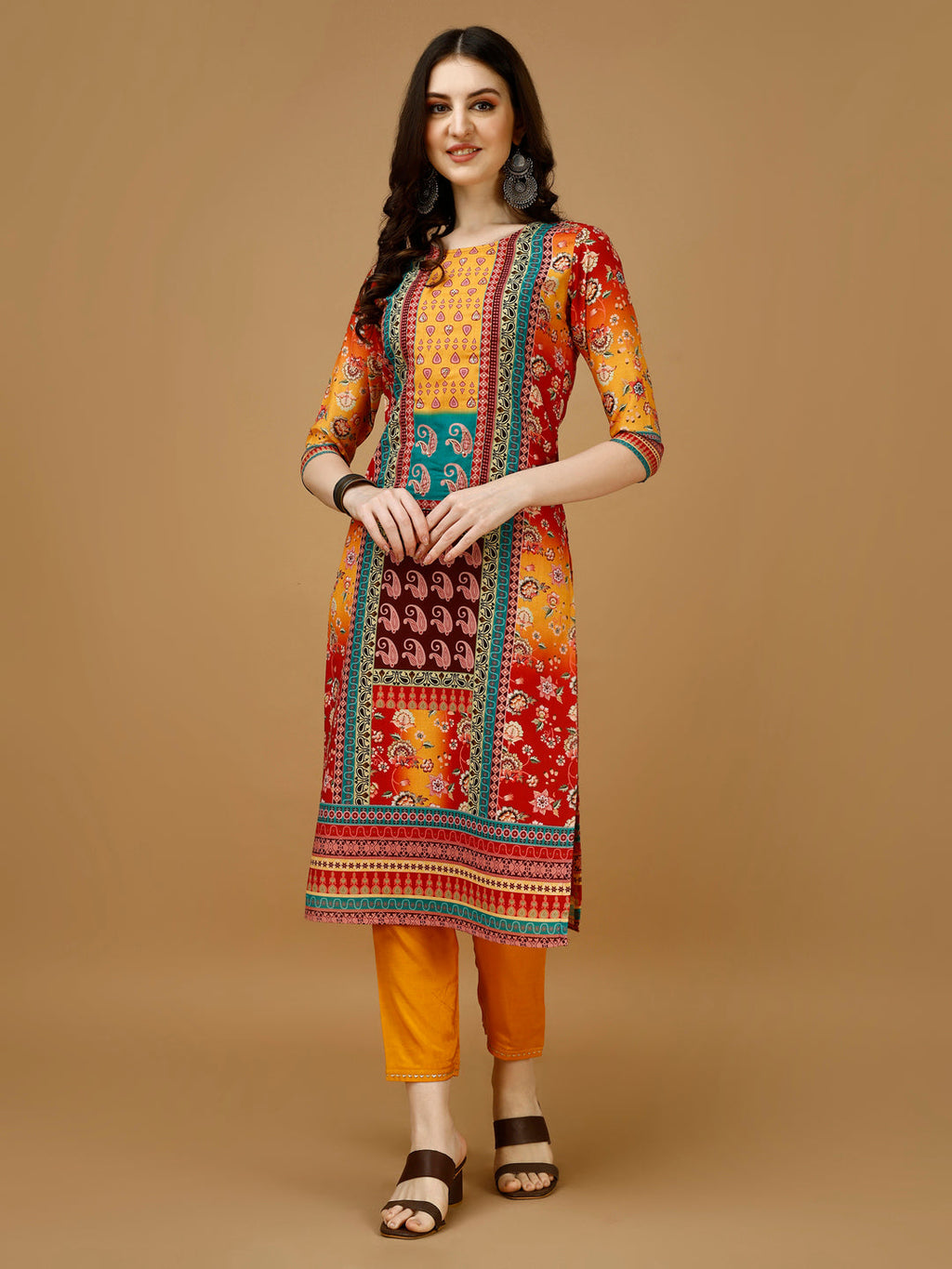 Multicolor Hand Embroidered & Printed Kurta Set with Dupatta