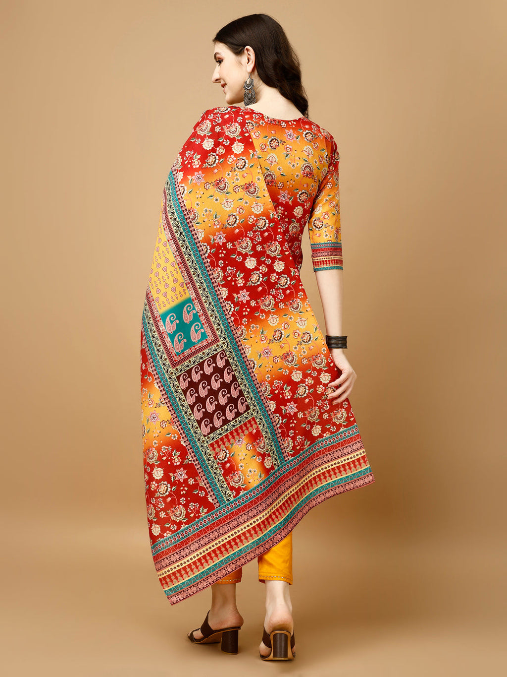 Multicolor Hand Embroidered & Printed Kurta Set with Dupatta