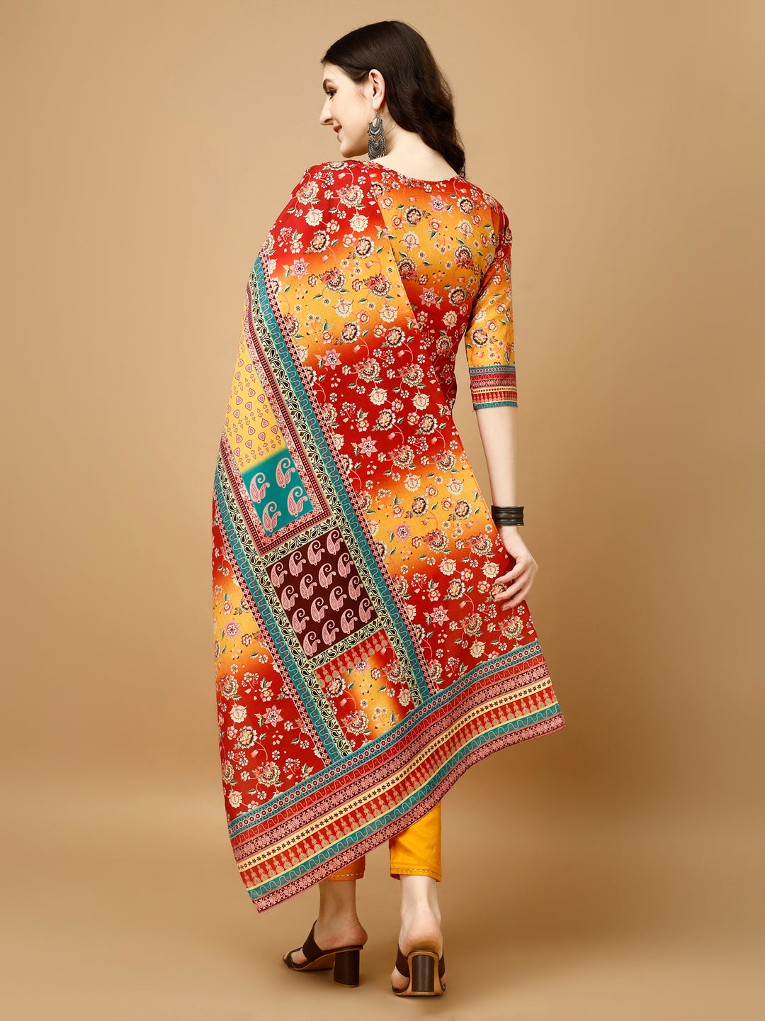 Multicolor Hand Embroidered & Printed Kurta Set with Dupatta