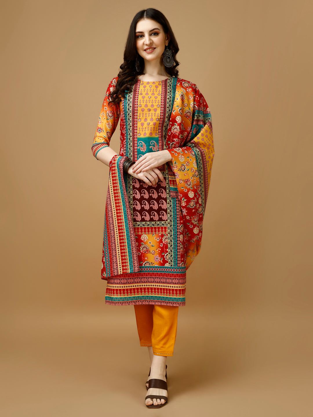 Multicolor hand embroidered and printed rayon kurta set with pant and dupatta