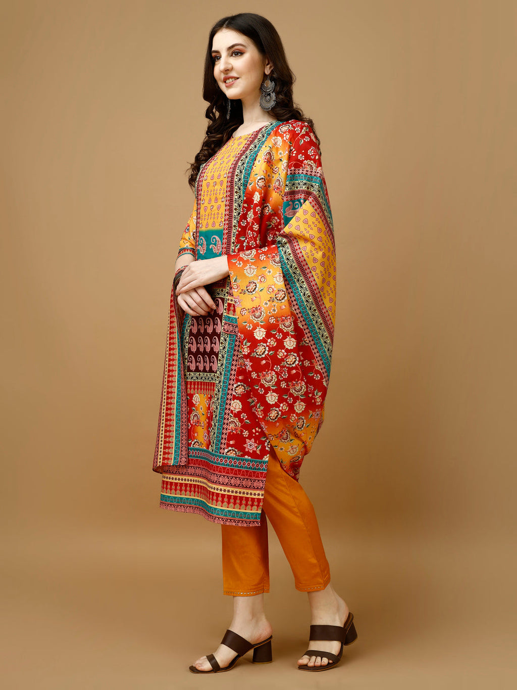 Multicolor Hand Embroidered & Printed Kurta Set with Dupatta