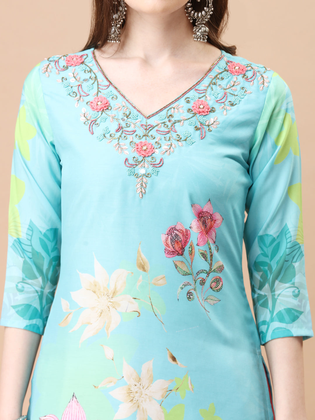 Multicolor Hand Embroidered Floral Kurta Set with Dupatta