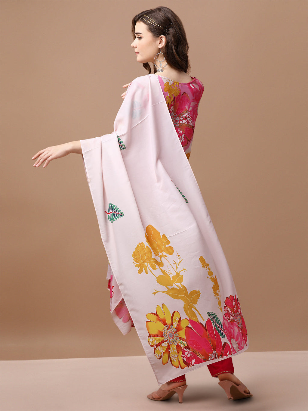 Hand Embroidered Floral Muslin Kurta Set with Pant and Dupatta