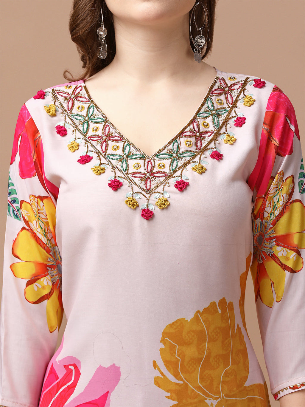 Hand Embroidered Floral Muslin Kurta Set with Pant and Dupatta