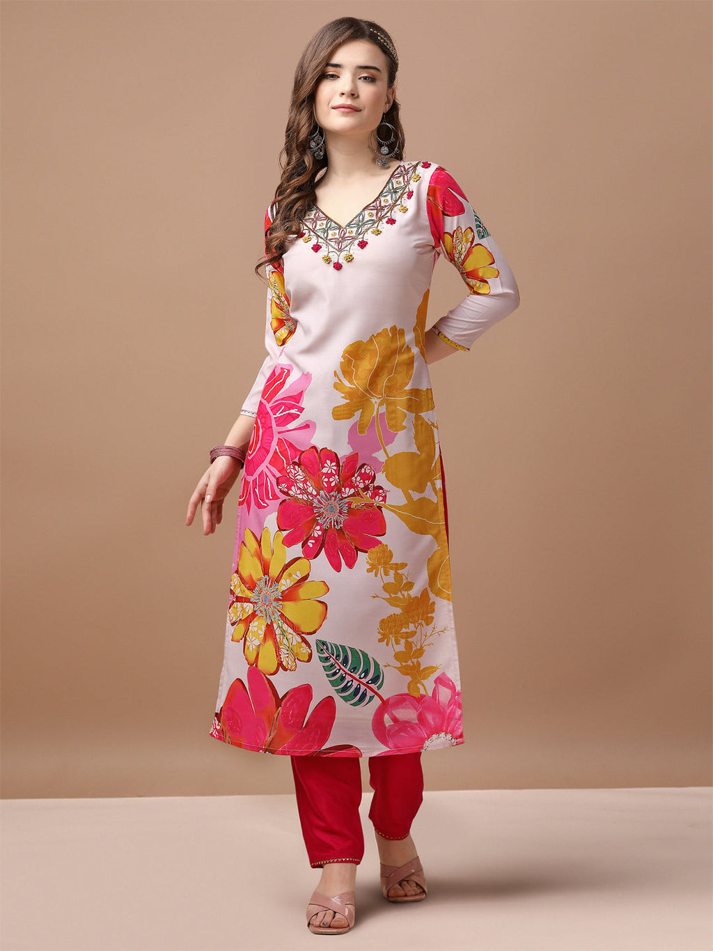 Hand Embroidered Floral Muslin Kurta Set with Pant and Dupatta