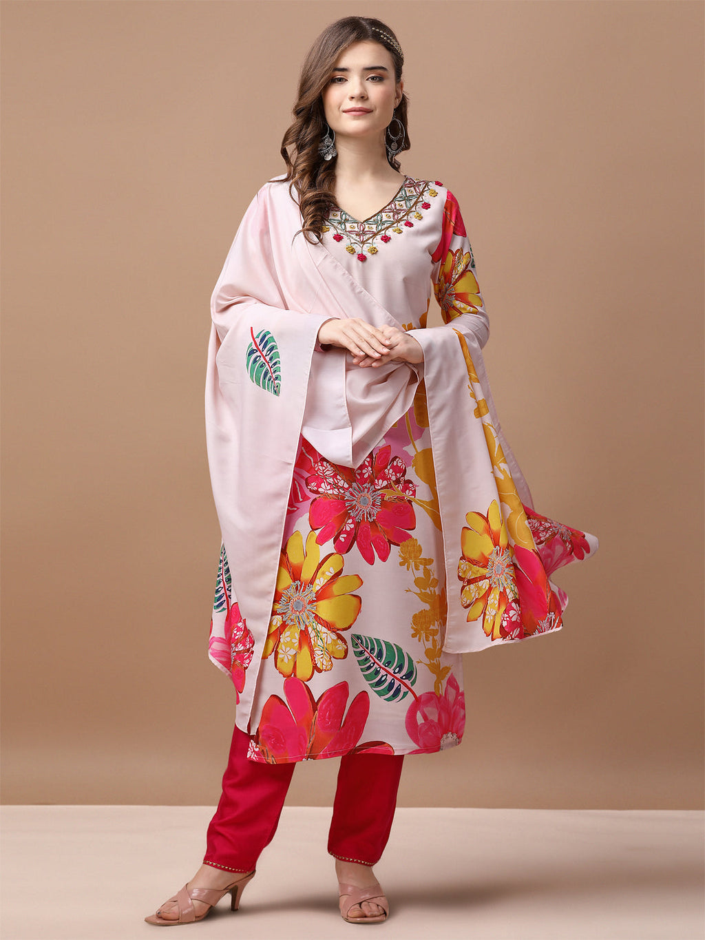 Multicolor hand embroidered floral muslin kurta set with matching pants and dupatta