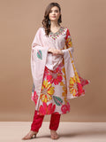 Multicolor hand embroidered floral muslin kurta set with matching pants and dupatta