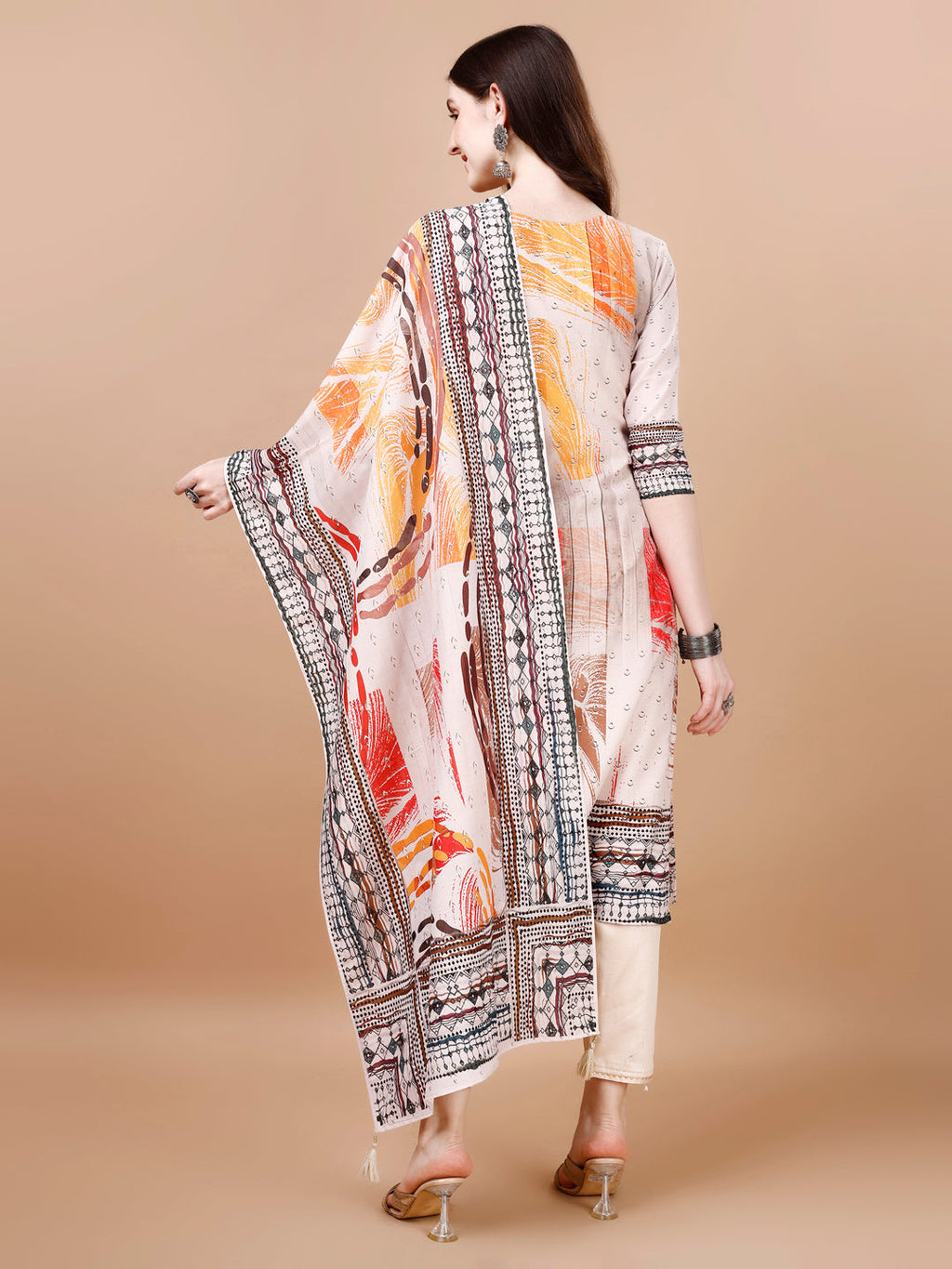 Hand Embroidered Multicolor Muslin Kurta with Pant and Dupatta Set