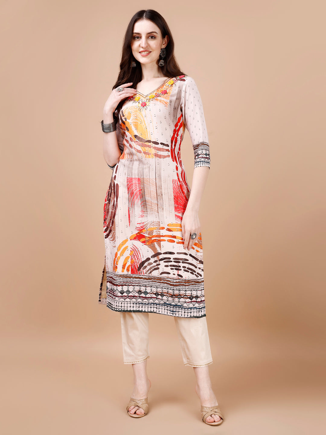 Hand Embroidered Multicolor Muslin Kurta with Pant and Dupatta Set