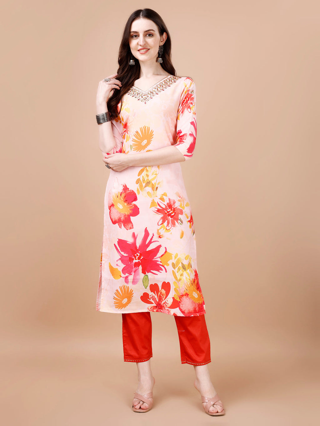Multicolor Hand Embroidered Muslin Kurta Set with Dupatta
