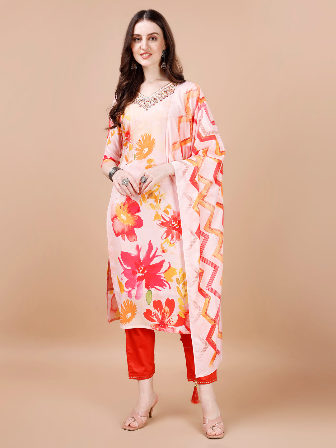 Multicolor hand embroidered floral printed rayon kurta set