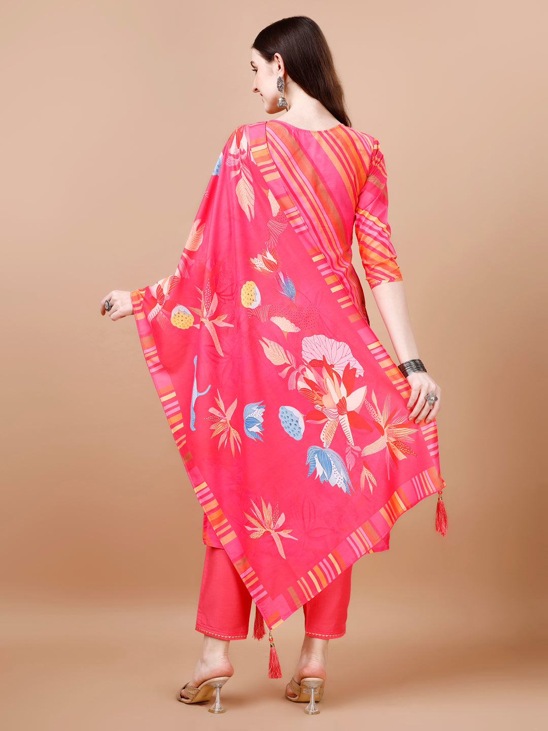 Multicolor Striped Rayon Kurta Set with Pant and Dupatta