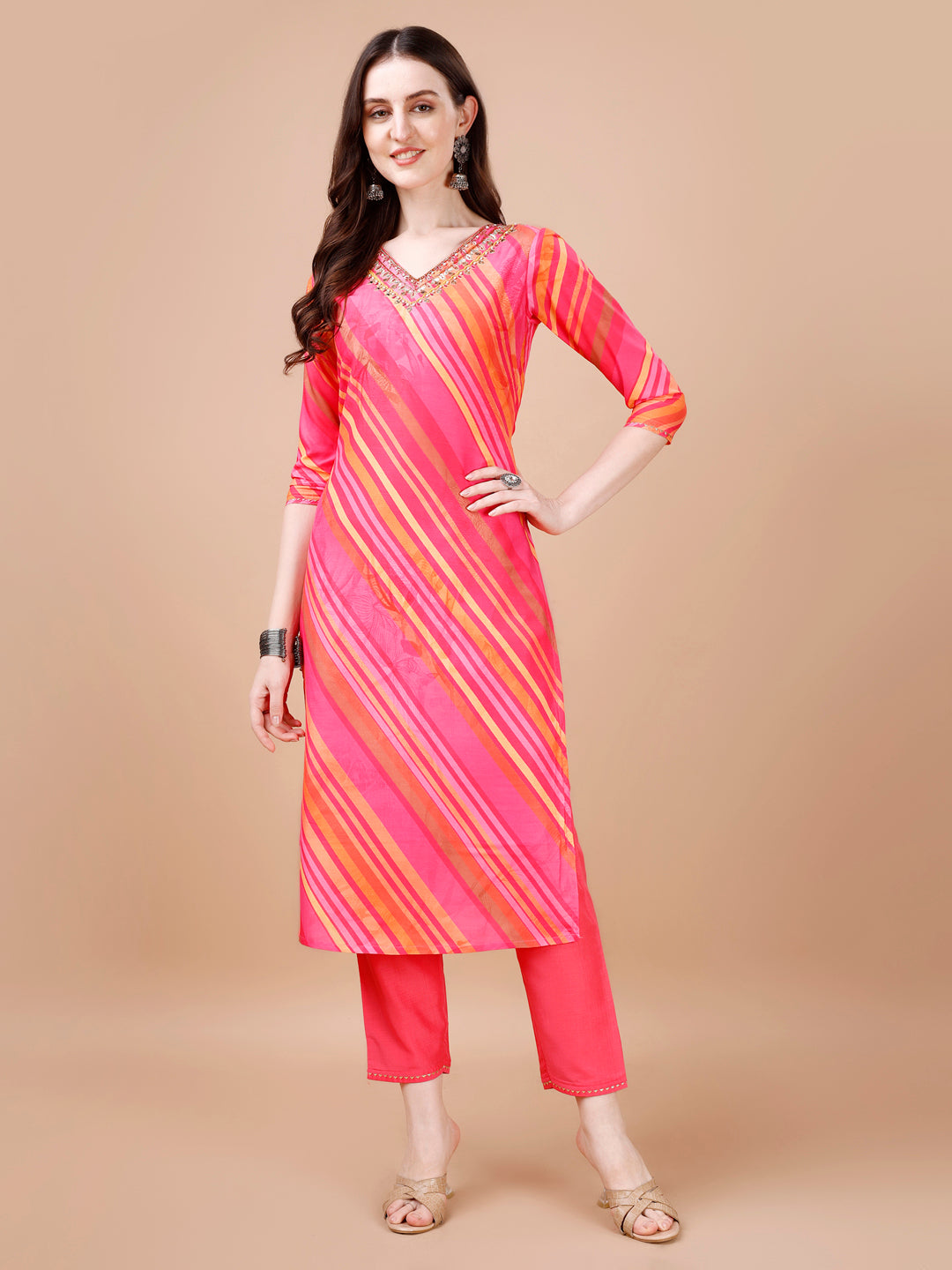 Multicolor Striped Rayon Kurta Set with Pant and Dupatta