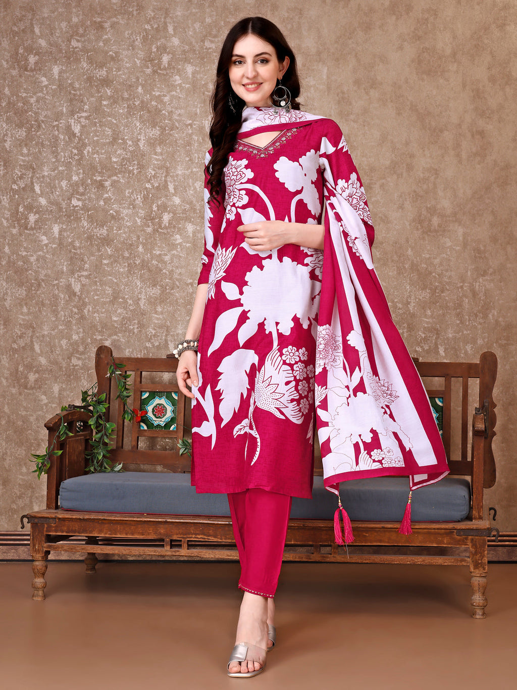 Pink silk kurta with floral print, hand embroidery, pant, and dupatta