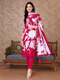Pink silk kurta with floral print, hand embroidery, pant, and dupatta