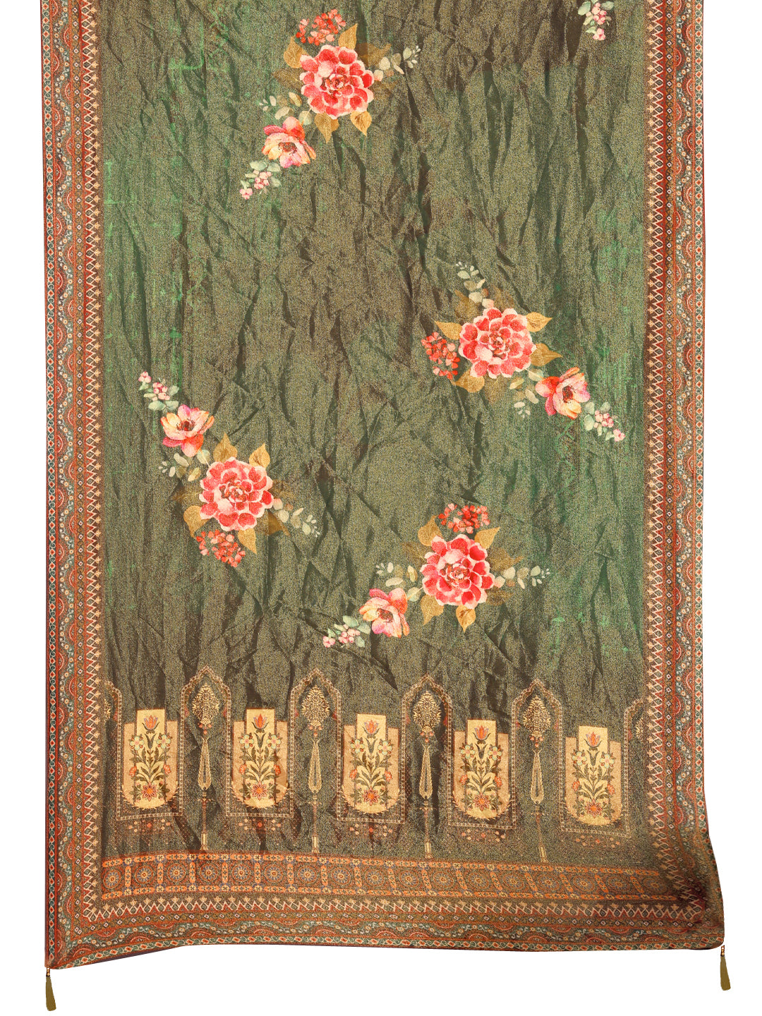 Green Hand Embroidered Pure Silk Kurta Set with Printed Dupatta