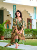 Green pure silk kurta set with intricate hand embroidery and a printed dupatta