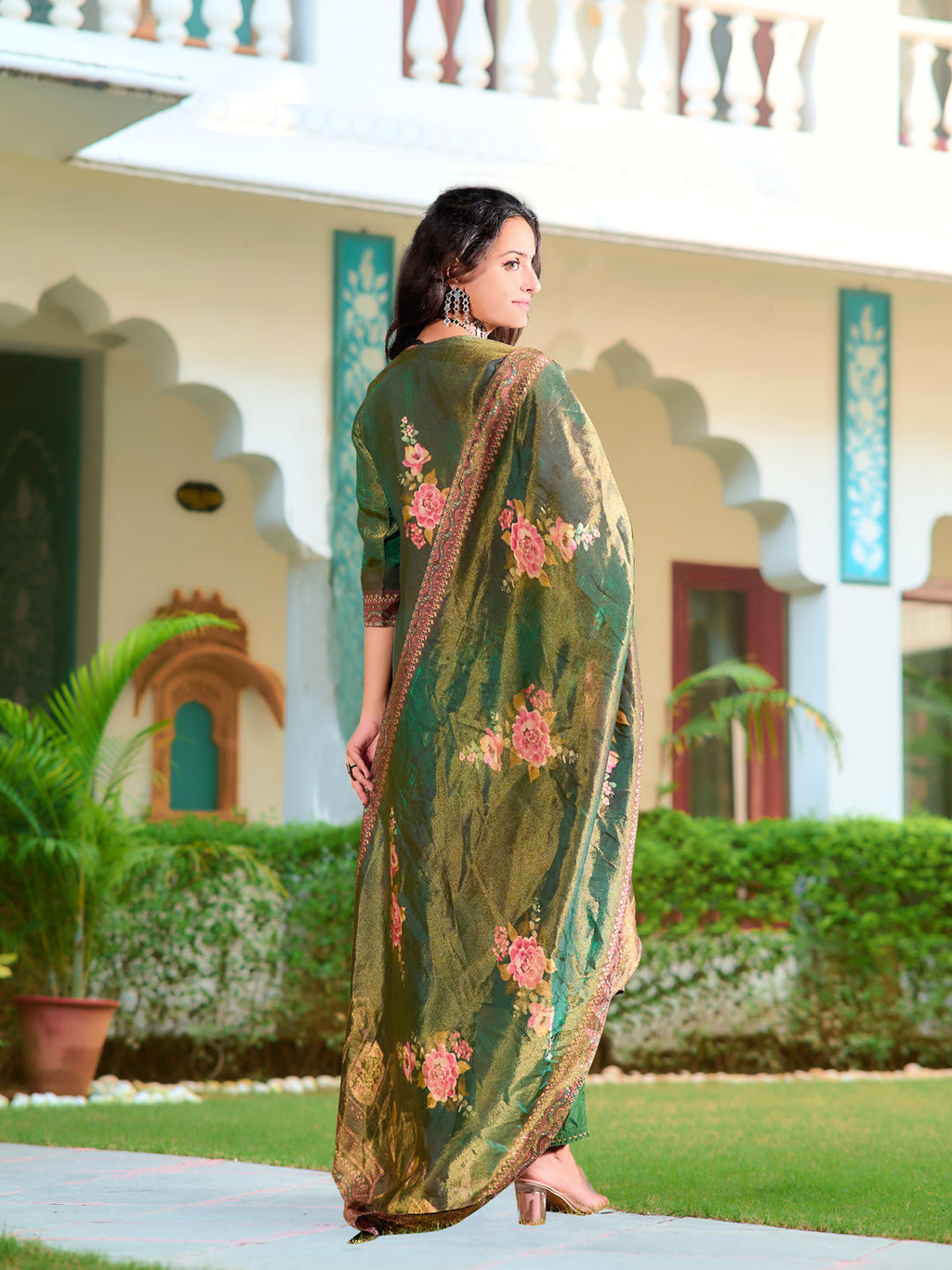 Green Hand Embroidered Pure Silk Kurta Set with Printed Dupatta