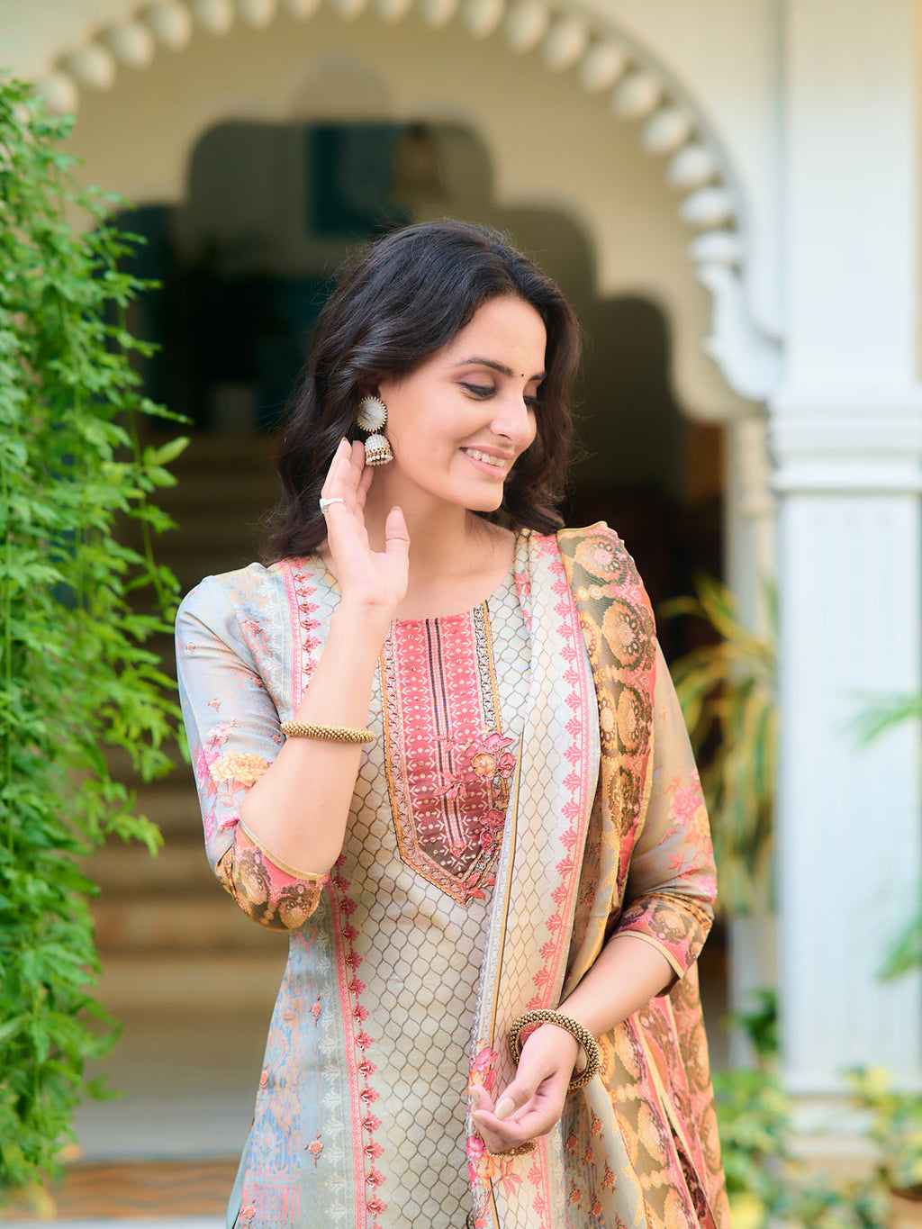 Grey Pure Silk Hand Embroidered & Printed Kurta Set